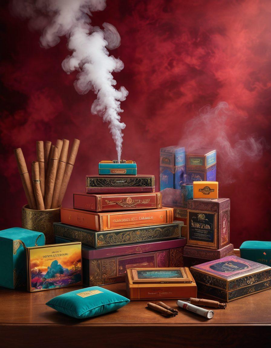 A vibrant display of diverse tobacco products from top brands, including beautifully designed cigar boxes and colorful packaging, set against a backdrop of a smoky lounge ambiance. Various flavored smoke clouds wafting through the scene, illustrating the rich sensory experience of smoking. Add a hint of luxurious accessories like ornate lighters and velvet cushions for sophistication. super-realistic. vibrant colors. cozy atmosphere.