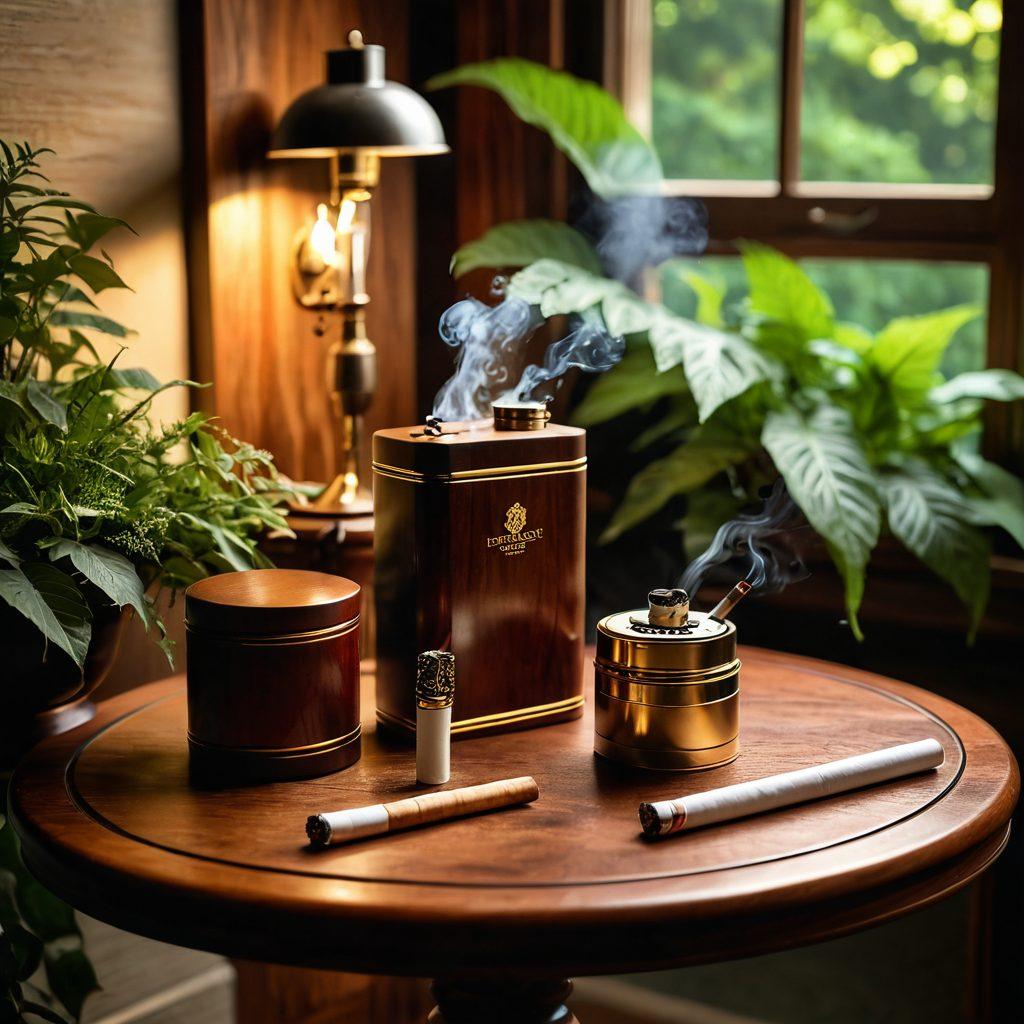 A serene smoking corner with an elegant wooden table adorned with a beautiful tobacco canister, a luxury lighter, and an assortment of flavorful cigarettes. Soft evening light filters through lush greenery, creating a relaxed ambiance. Include smoke gently rising in the air, evoking a sense of tranquility and indulgence. super-realistic. warm colors. relaxed atmosphere.